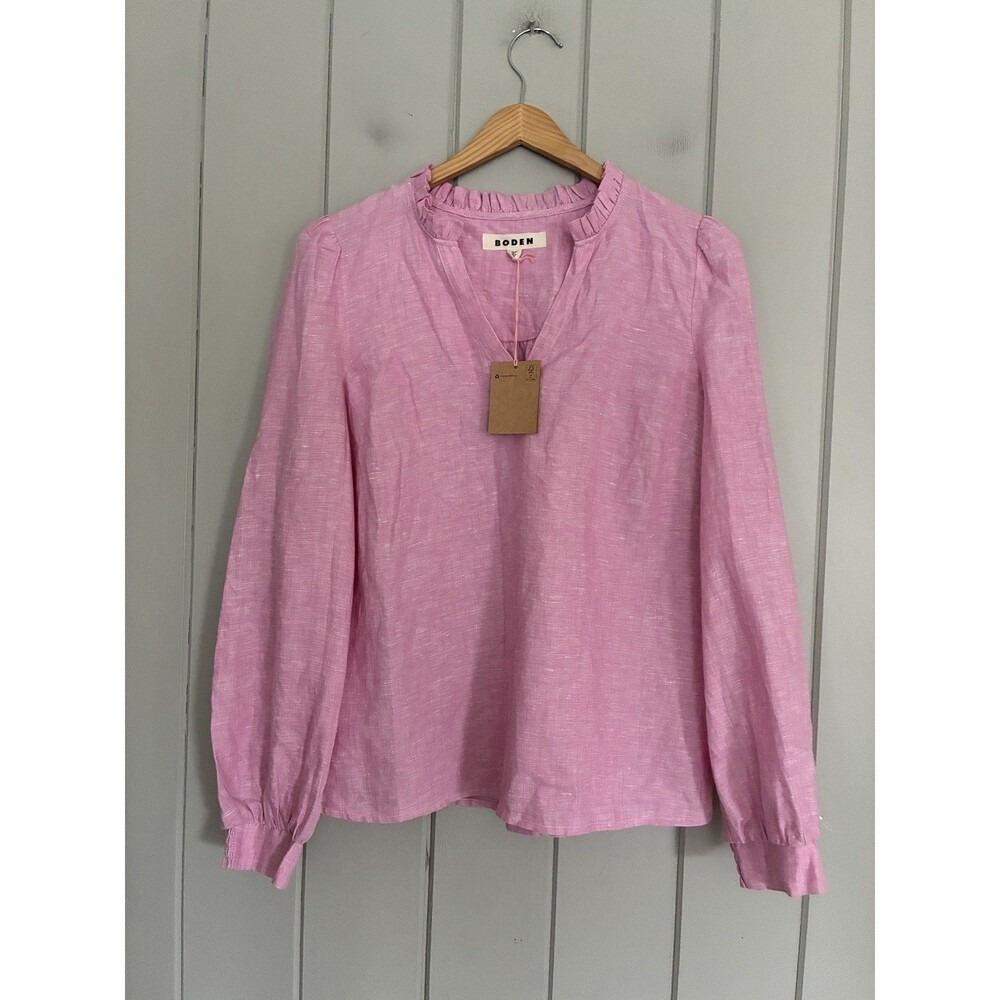 NWT Boden Grace Linen Long Sleeve Top US 6 V-Neck Pink Ruffle Trim NEW